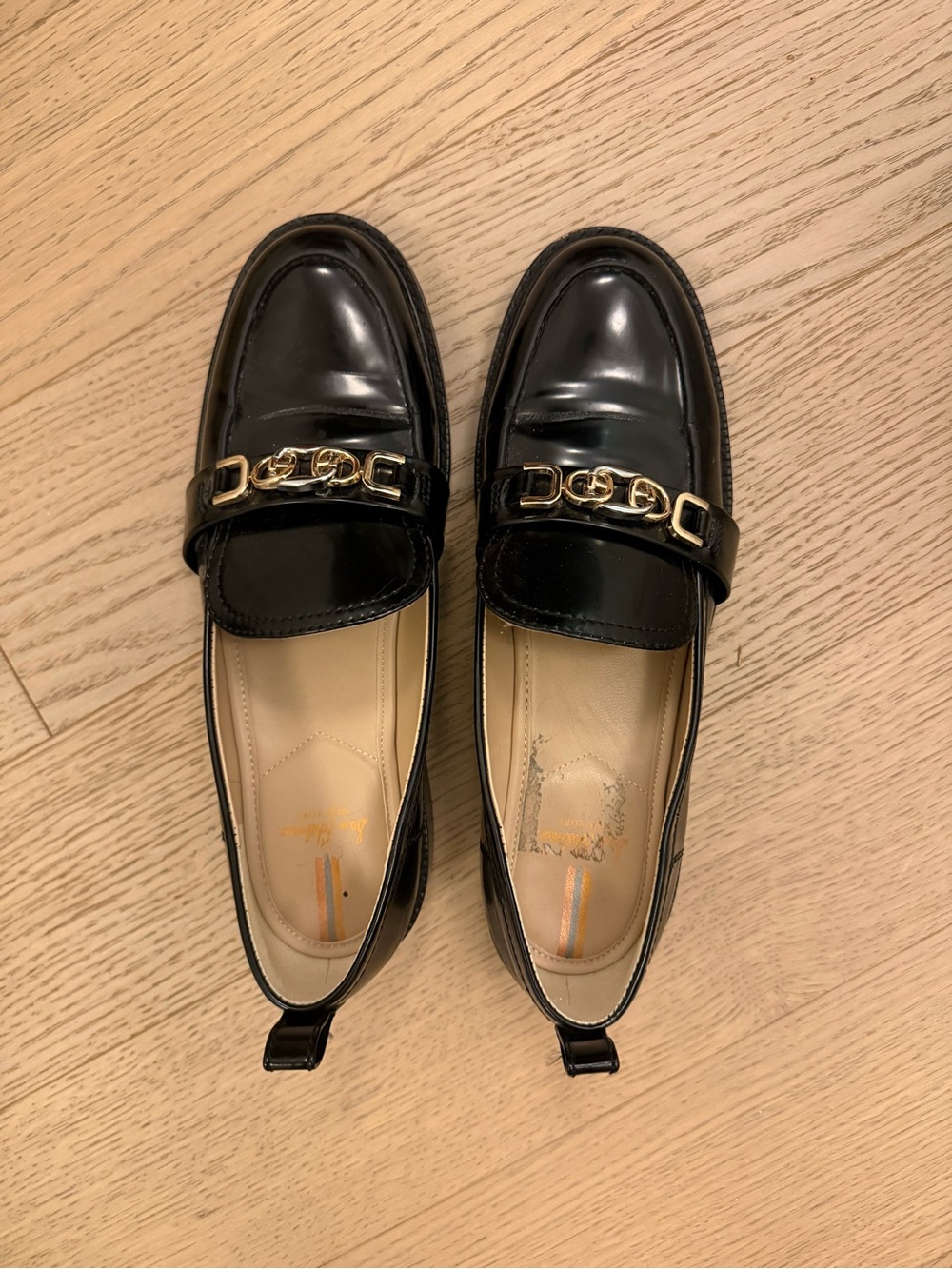 Sam Edelman Black Patent Loafers with Gold Chain Detail
